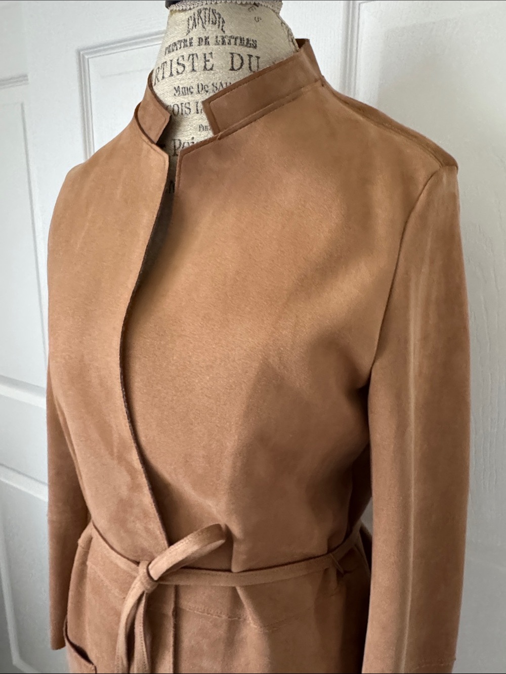 H&M Camel Colored Faux Suede Belted Long Coat. Size 8